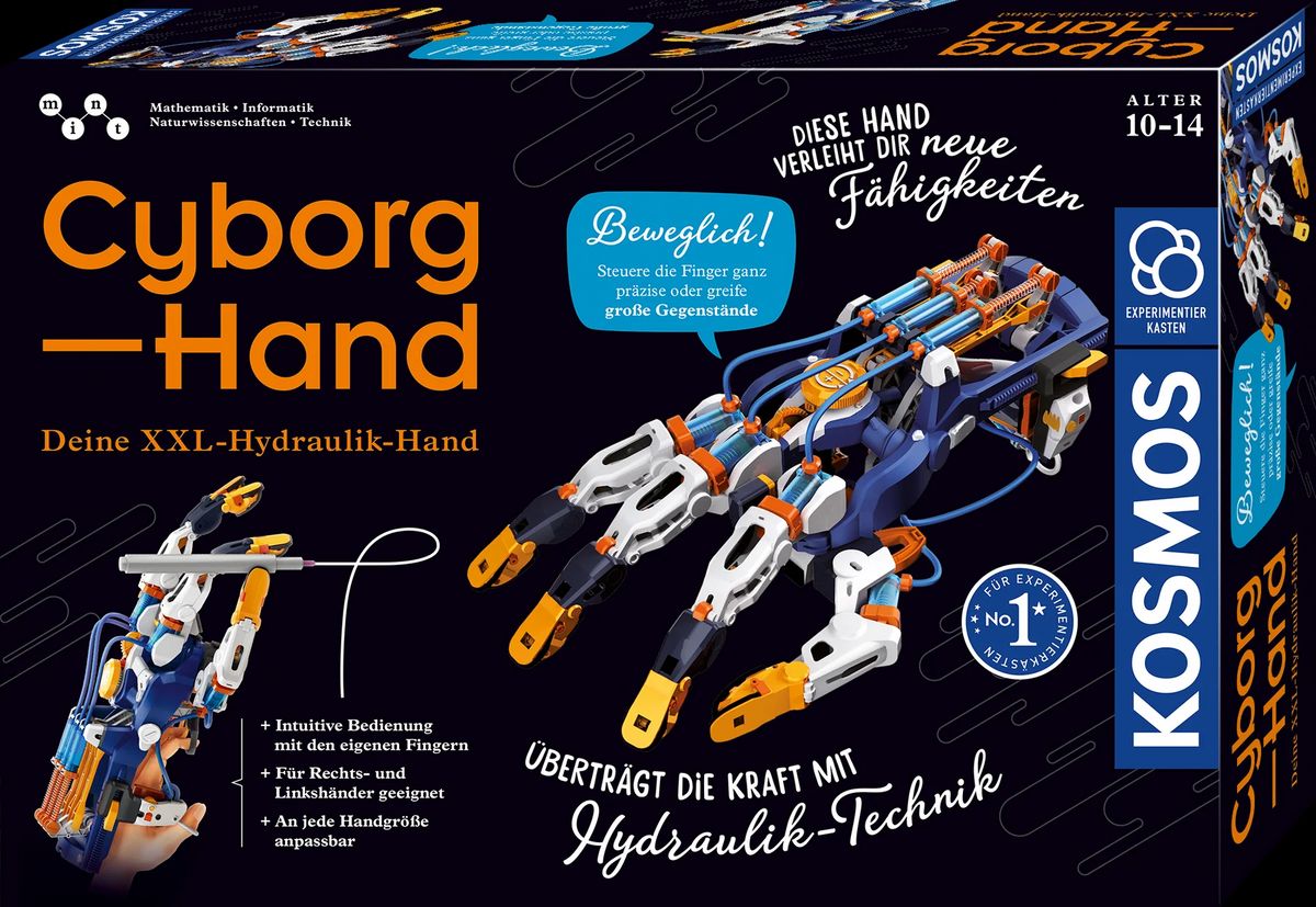 Verpackung des KOSMOS Cyborg-Hand mit dem Exoskelett-Handschuh am Unterarm