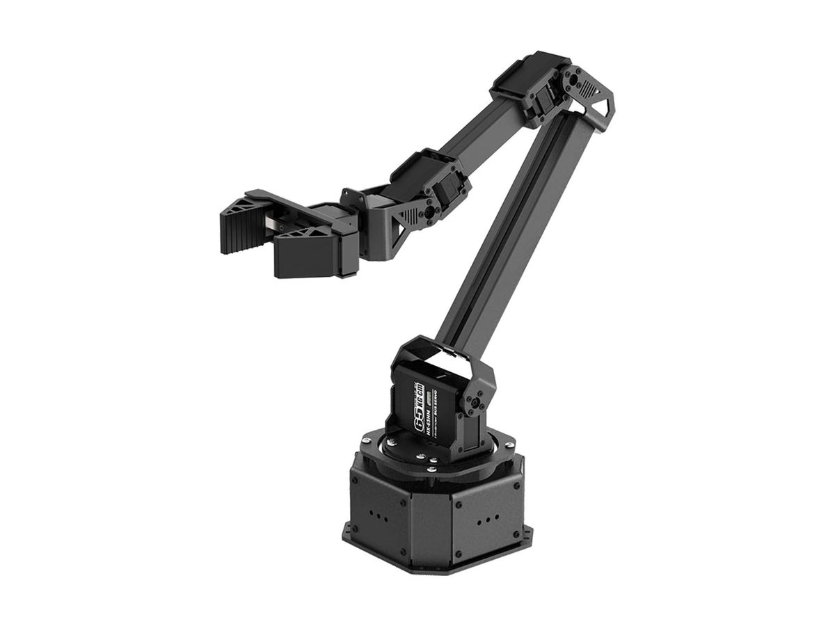 Schwarzer Vollmetall-Roboterarm NexArm mit Parallelgreifer und großem 65-kg·cm-Servo über dem achteckigen Sockel.