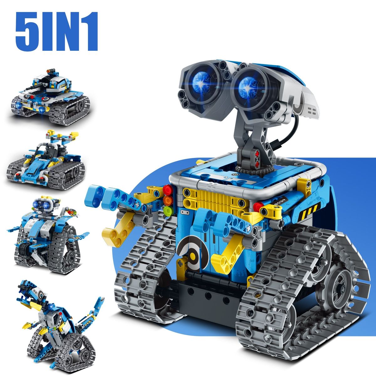 Blauer Sillbird ecoEbot Roboter auf Kettenlaufwerk mit leuchtenden Augen, links daneben die fünf möglichen Baumodelle