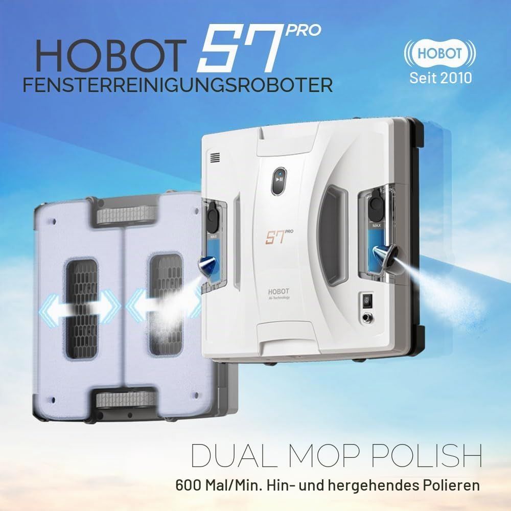 Weißer HOBOT S7 Pro mit seitlichen Sprühdüsen vor Himmelshintergrund, dahinter die Unterseite mit zwei Wischmopps; Schriftzug HOBOT S7 Pro Fensterreinigungsroboter.