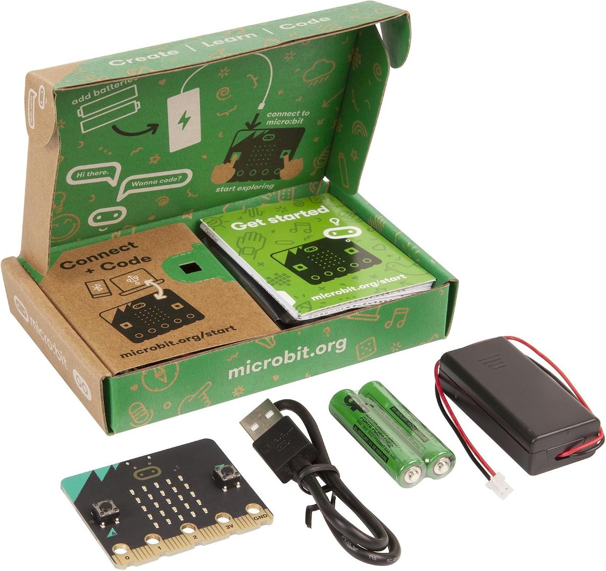 Geoeffnete gruen-braune micro:bit-Go-Schachtel mit Schnellstartkarte, davor micro:bit-Platine, USB-Kabel, zwei Batterien und Batteriehalter.