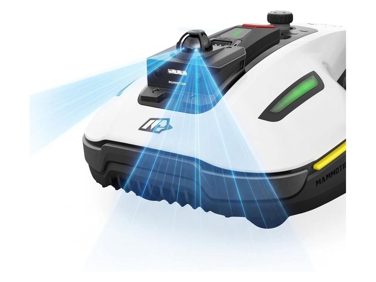 Nahaufnahme der Front eines weißen YUKA-mini-2-Mähroboters mit LiDAR-Kuppel und Kameramodul, aus dem blaue Laserstrahlen fächern.