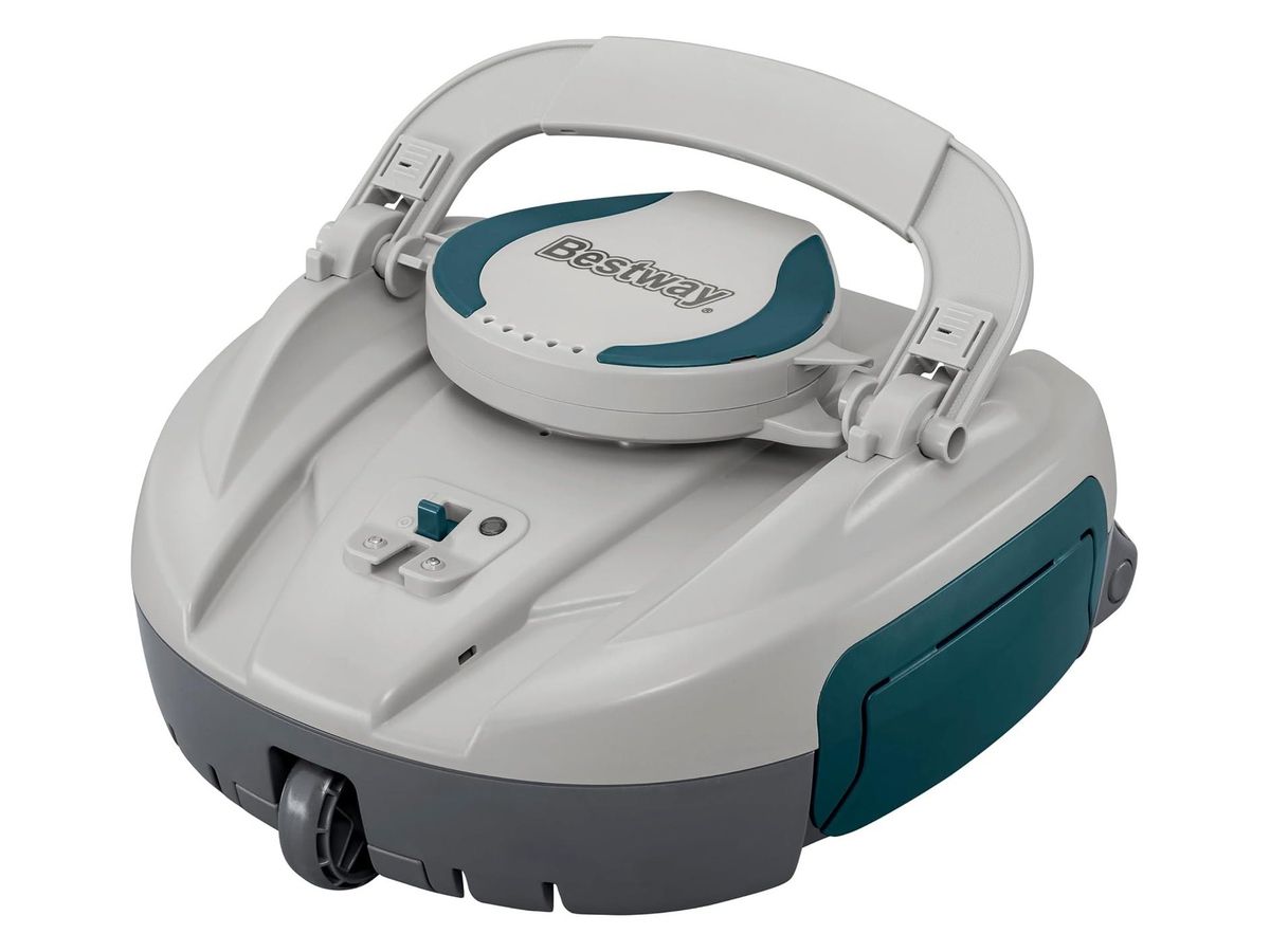 Hellgrauer Poolroboter Bestway AquaTronix G150 mit hochgeklapptem Tragebügel und petrolfarbenen Seitenklappen, schräg von vorn.