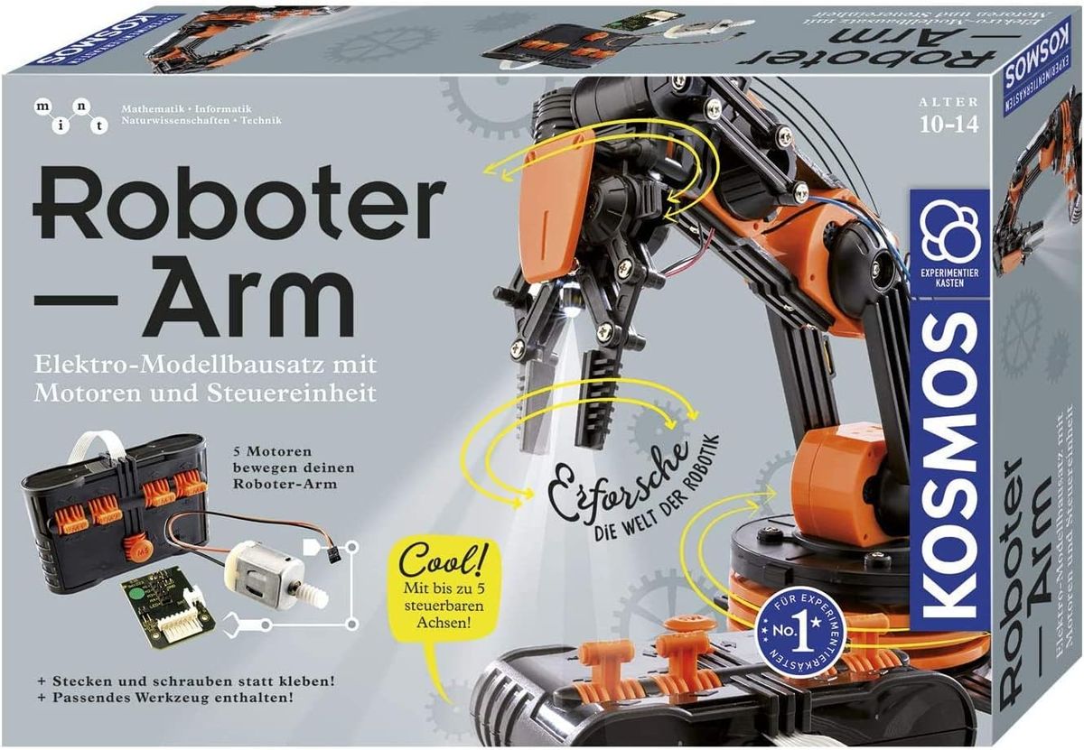 Verpackung des KOSMOS-Experimentierkastens Roboter-Arm mit Abbildung des schwarz-orangen Greifarms und der Steuereinheit.
