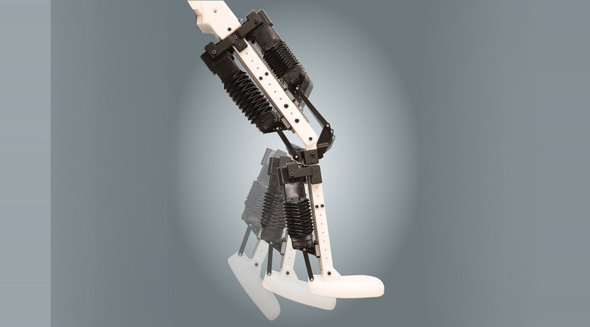 Mehrfachbelichtung eines weißen Roboterbeins mit drei schwarzen Faltenbalg-Aktoren, dessen Unterschenkel nach vorn schwingt