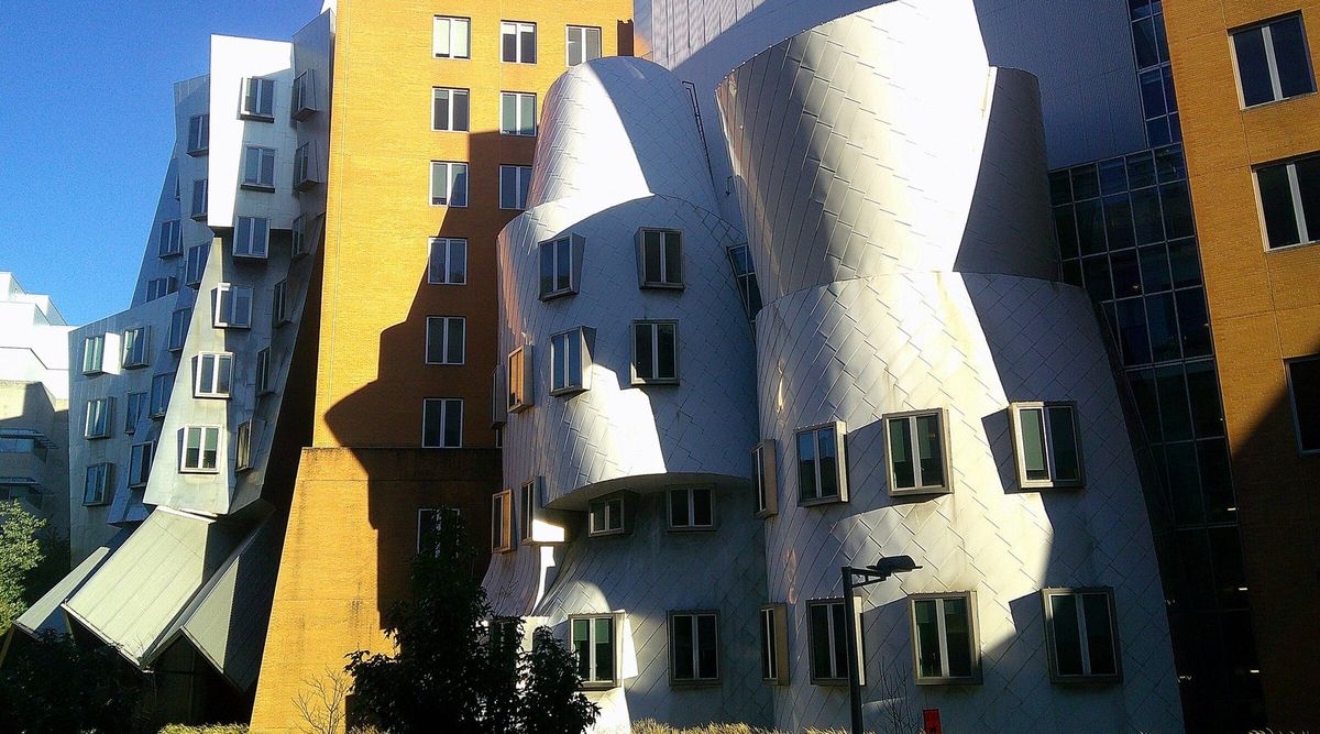 Fassade des Stata Center am MIT bei Sonnenschein: geschwungene, silbern glänzende Metallwände mit schräg gesetzten Fenstern, dazwischen ein hoher Turm aus gelbem Backstein, rechts eine Glasfront, vorn ein kleiner Baum und Gräser