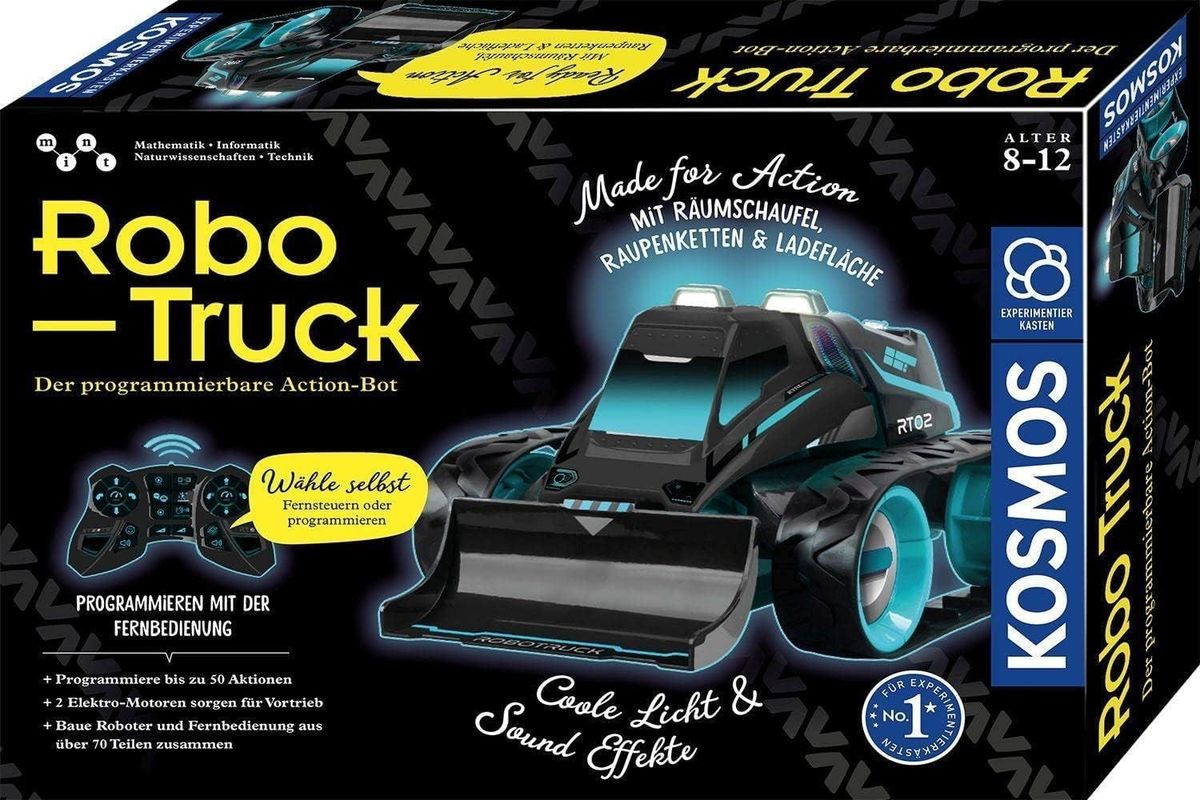 Verpackung des KOSMOS Robo Truck mit schwarz-türkisem Raupenfahrzeug mit Räumschaufel und Fernbedienung.