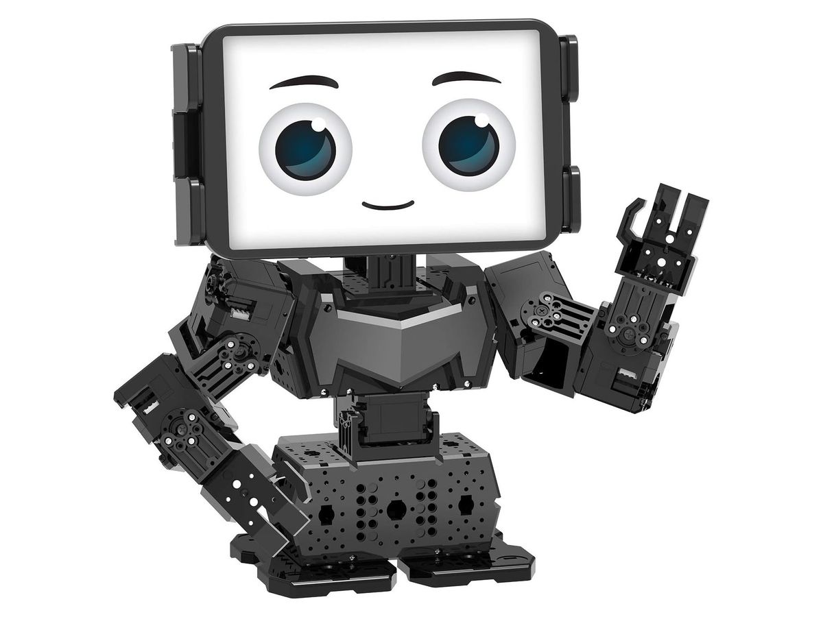 Schwarzer Roboter MAX aus dem ENGINEER Kit mit einem Smartphone als Kopf, das große Comic-Augen zeigt, und einem winkend erhobenen Greifarm.