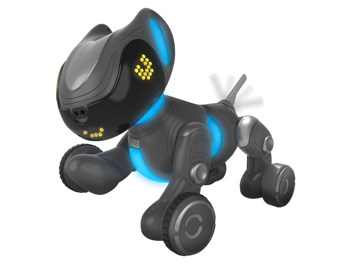 Grau-schwarzer Roboterhund PYXEL auf vier Rädern mit gelben LED-Augen, blau leuchtenden Akzenten an Ohren, Hals und Körper und einer kleinen Antenne als Schwanz.