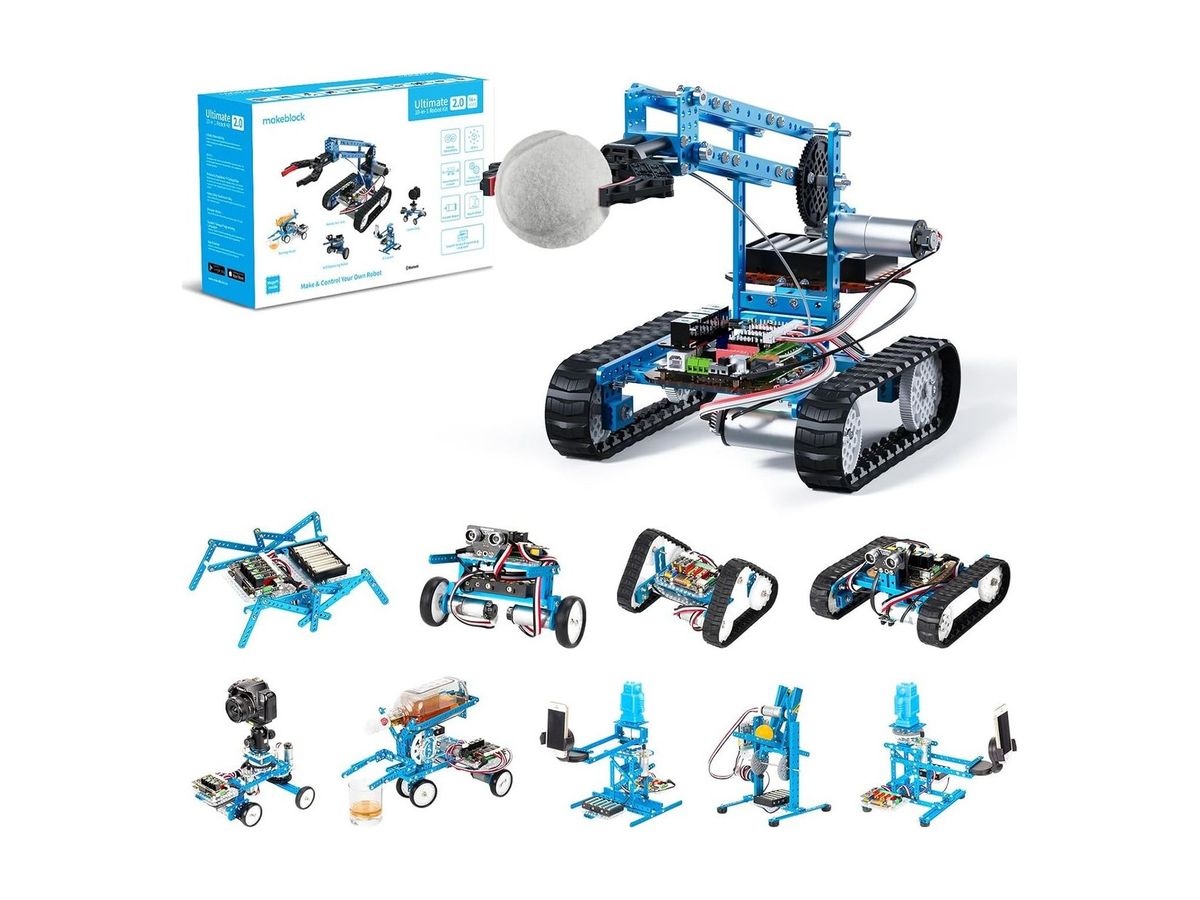 Verpackung des Ultimate 2.0 und groß der gebaute Roboterarm-Panzer, der einen weißen Ball greift; darunter neun weitere Bauformen, darunter Laufroboter, Kamera-Dolly, Getränke-Ausgießer und Smartphone-Halterungen