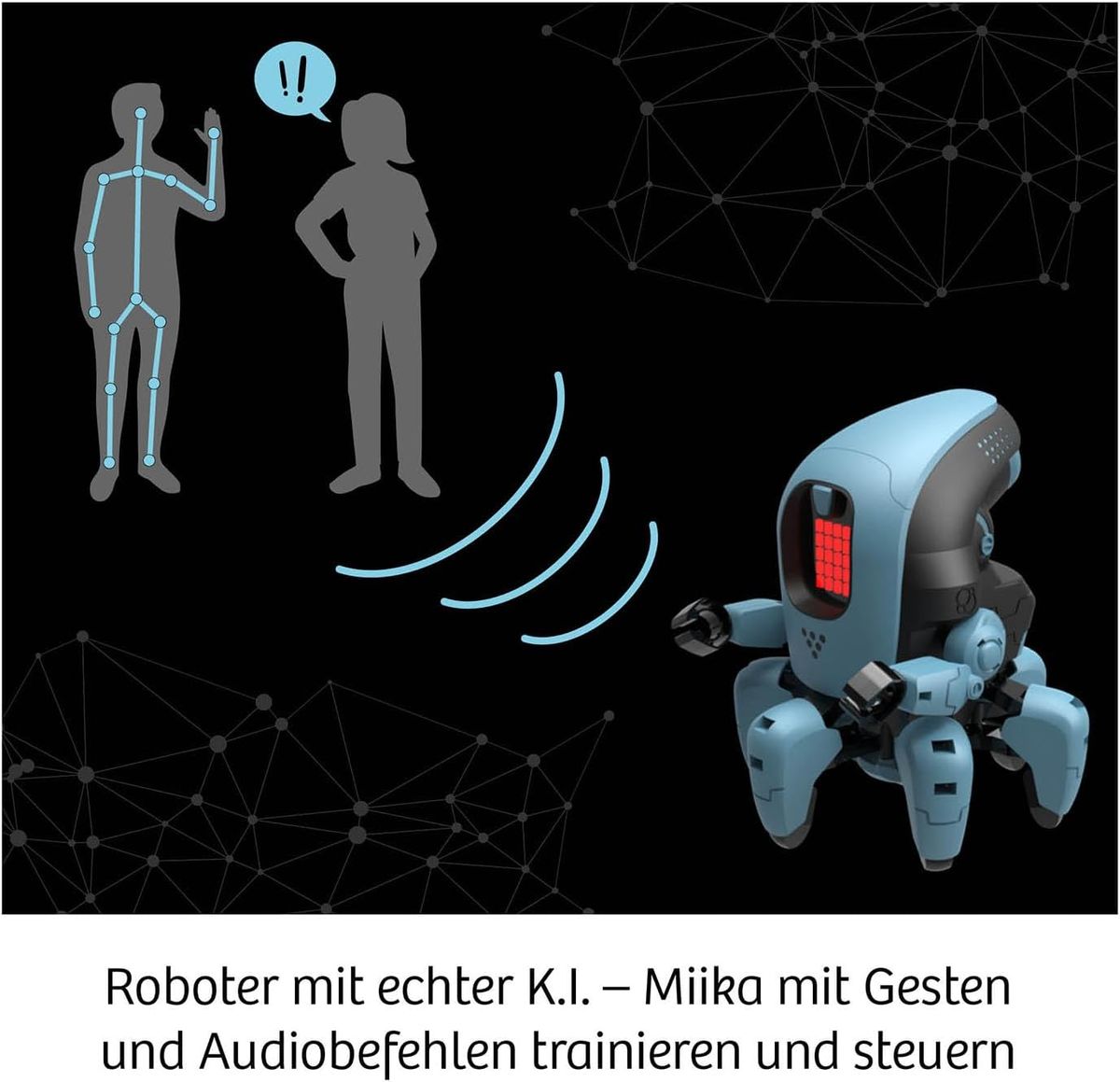 Miika K.I. reagiert auf Gesten und Audiobefehle: zwei Personensilhouetten, Schallwellen und der hellblaue Roboter mit LED-Gesicht
