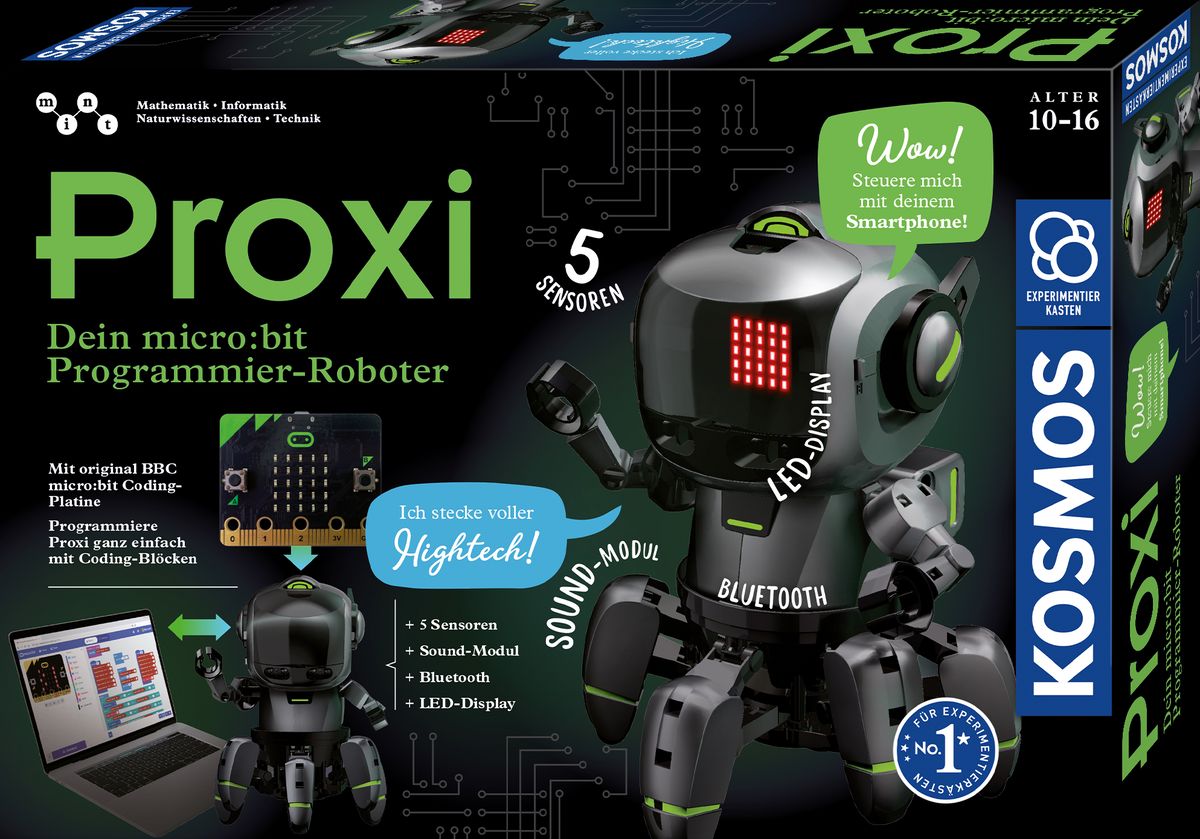 Verpackung des KOSMOS Proxi mit dem micro:bit-Roboter und dem LED-Display als Gesicht