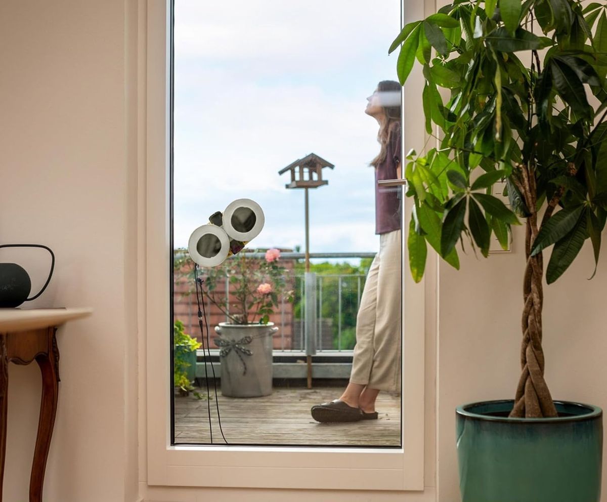 Ein Fensterputzroboter mit zwei runden Wischbezügen haftet an der Scheibe einer bodentiefen Terrassentür, ein schwarzes Kabel hängt herab; draußen steht eine Frau auf einer Dachterrasse mit Rosen und Vogelhaus, rechts im Raum eine große Zimmerpflanze
