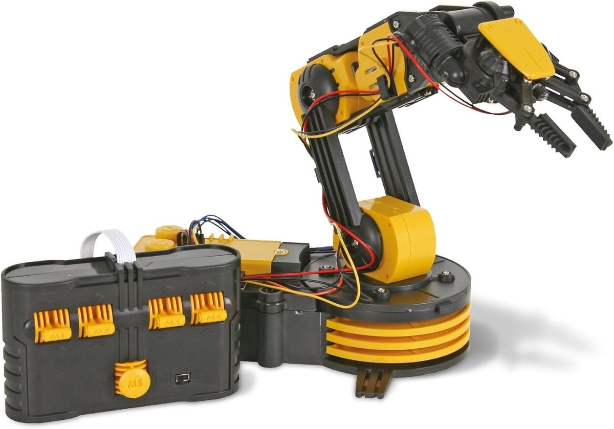 Roboterarm KSR10 in höherer Auflösung: gelbe Gelenke, schwarze Streben, Greifer mit LED und Steuerkasten mit Schaltern M1 bis M5