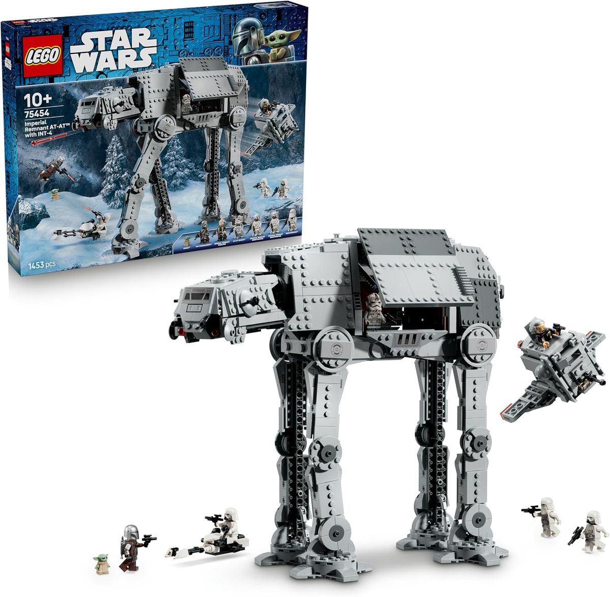 Verpackung des LEGO Star Wars Sets 75454 und daneben der fertig gebaute graue AT-AT mit hochgeklappter Seitenwand, der INT-4-Rettungskapsel und fünf Minifiguren