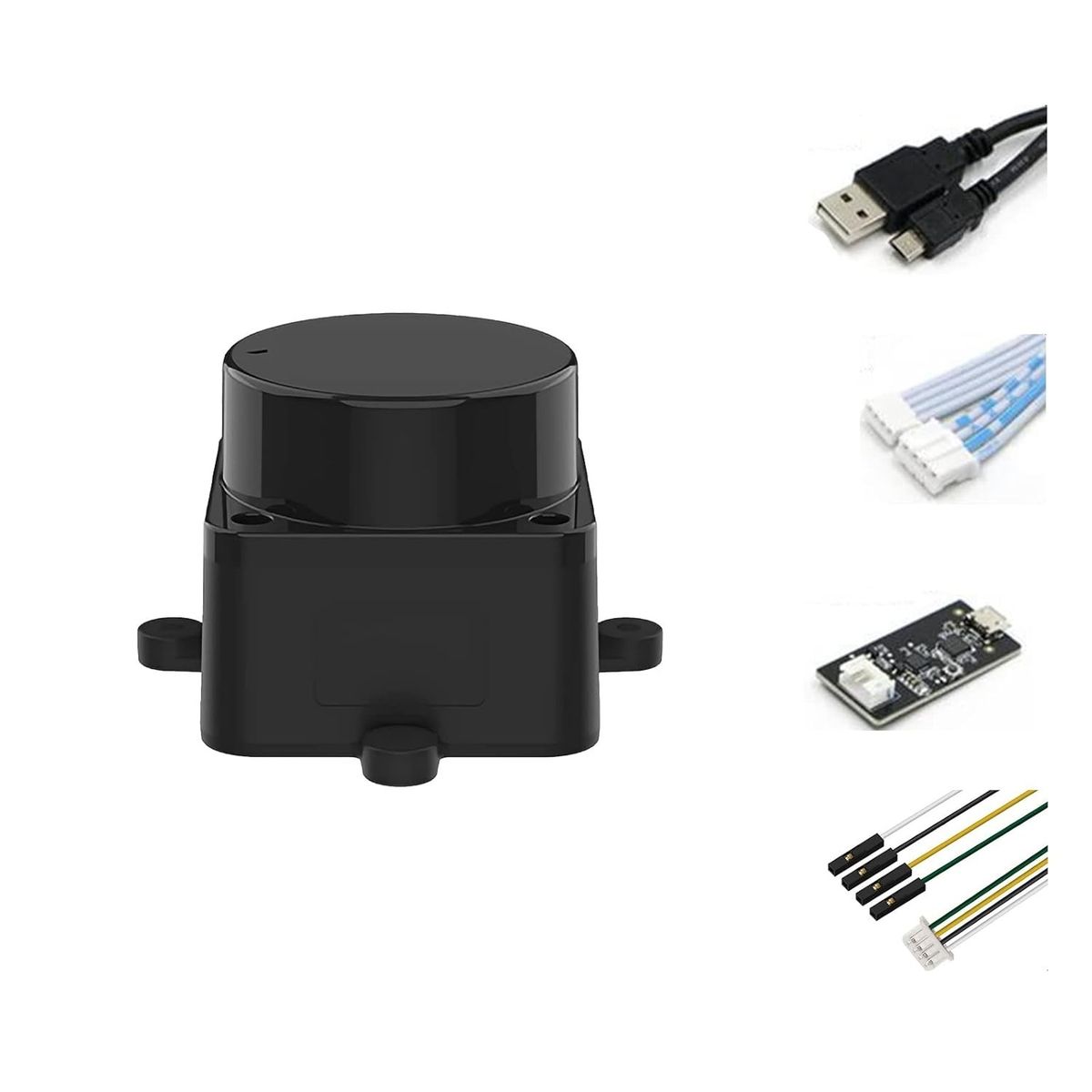 Schwarzer Lidar-Sensor LD19 mit Befestigungslaschen neben USB-Kabel, Flachbandkabel, USB-Adapterplatine und Dupont-Kabel.