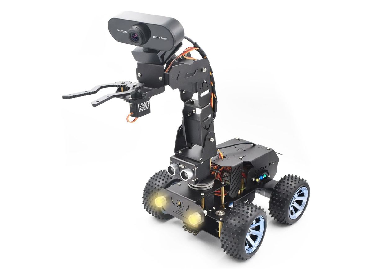 Schwarzes vierrädriges Roboterauto mit Metallgestell, aufragendem Greifarm, Webcam an der Spitze, Ultraschallsensor und zwei leuchtenden Scheinwerfern