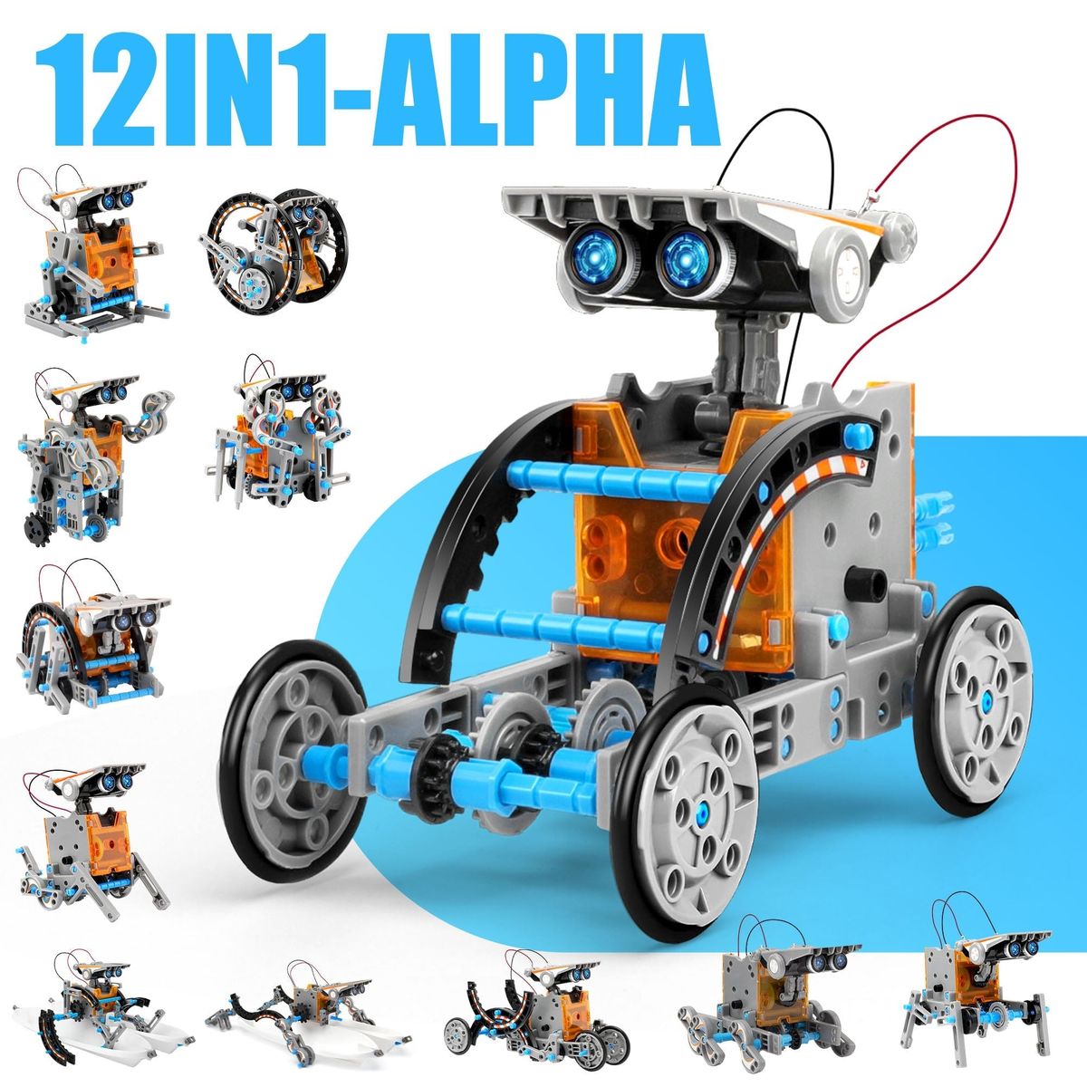 Sillbird Solar Robot Kit 12-in-1 Alpha, im Vordergrund der Solar-Buggy, ringsum die elf weiteren Baumodelle