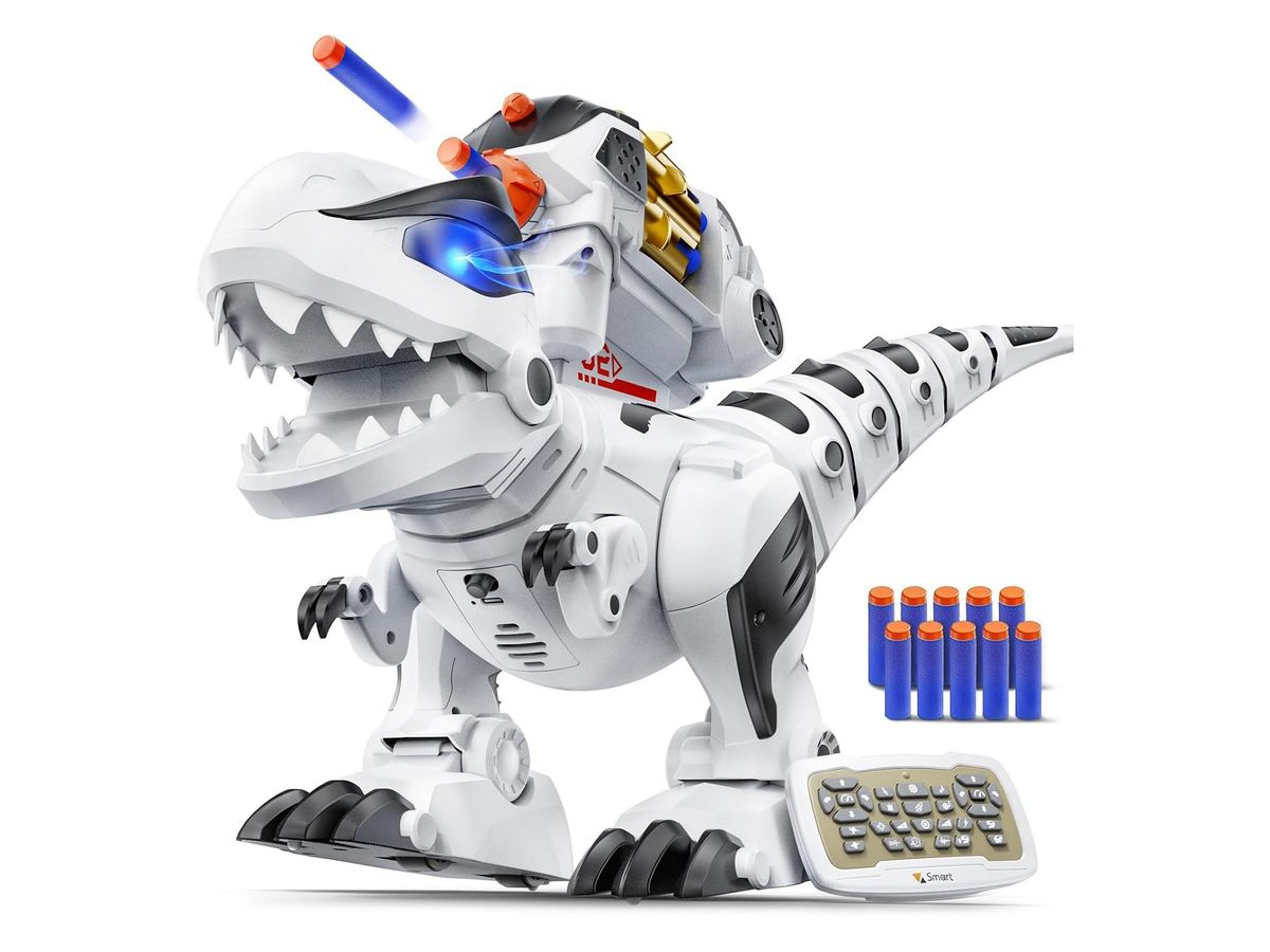 Weiß-schwarzer Roboter-Dinosaurier mit blau leuchtenden Augen und Pfeilwerfer auf dem Rücken, daneben zehn blaue Schaumstoffpfeile und die Fernbedienung.