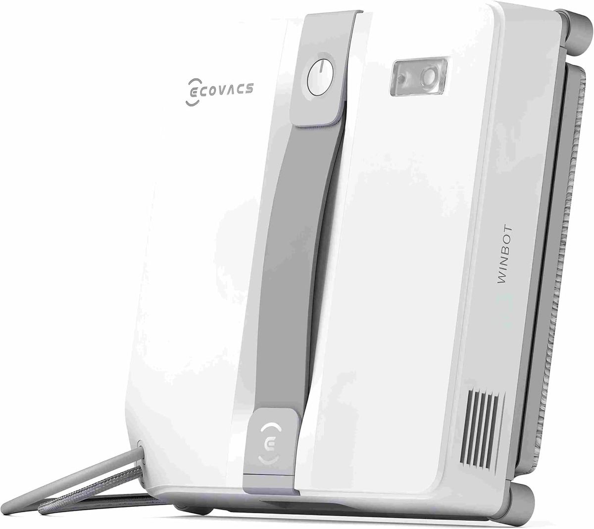 Weiß-grauer ECOVACS WINBOT MINI mit grauem Tragegriff schräg von vorn vor weißem Hintergrund, Kabel unten seitlich angeschlossen.