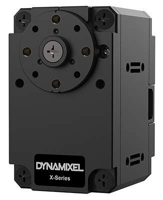 Schwarzer quaderförmiger DYNAMIXEL-Servo der X-Serie in Schrägansicht mit rundem Abtriebshorn und Typenschild.