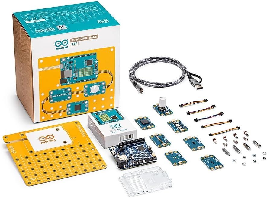 Inhalt des Arduino Plug and Make Kit mit Verpackung, Arduino UNO R4 WiFi, sieben Modulino-Modulen, gelber Modulino-Grundplatte, USB-C-Kabel, Qwiic-Kabeln und Schrauben.